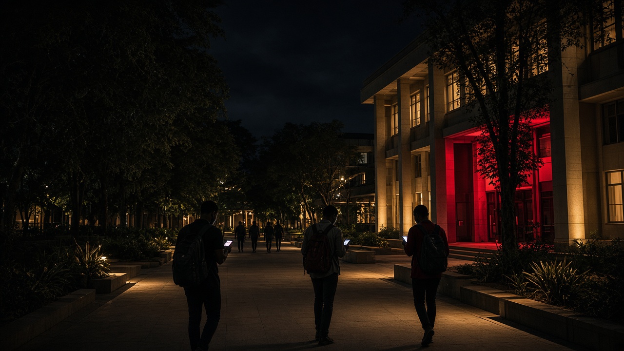 Allée de campus universitaire la nuit