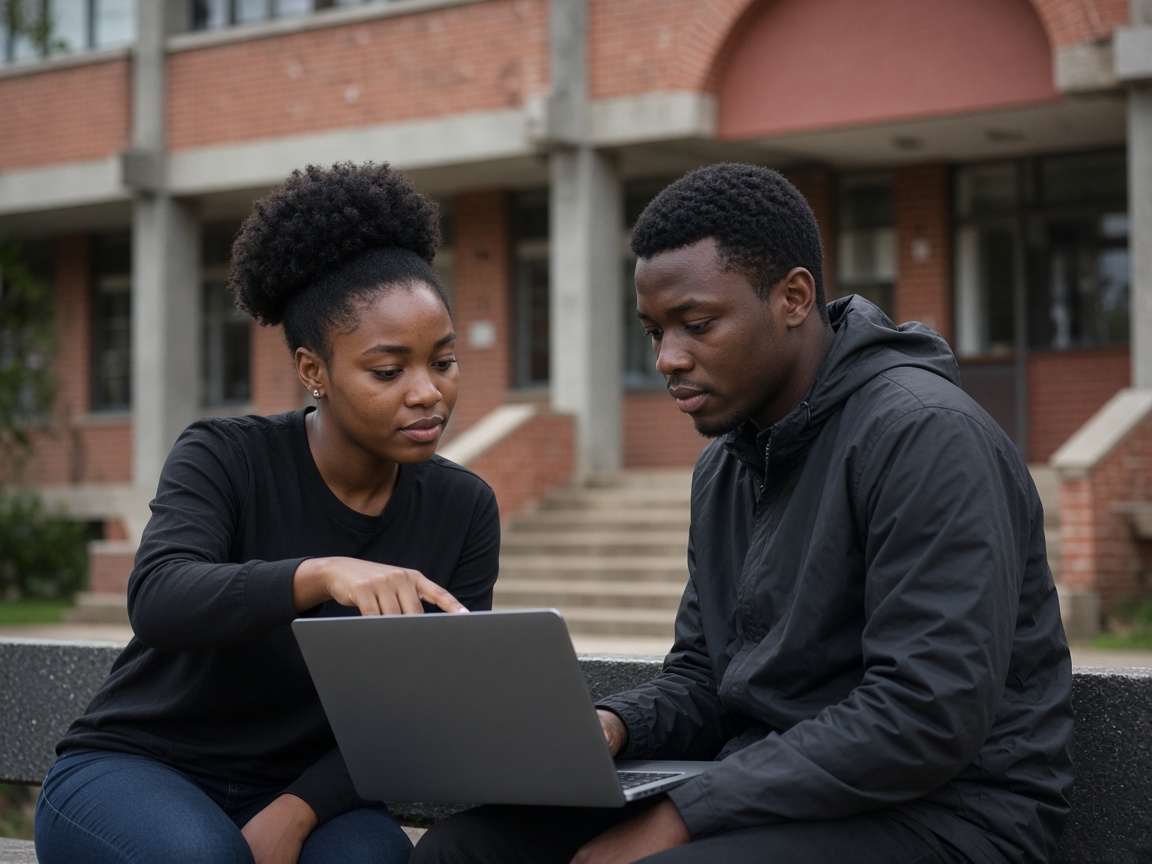 Étudiants partageant un ordinateur portable sur le campus
